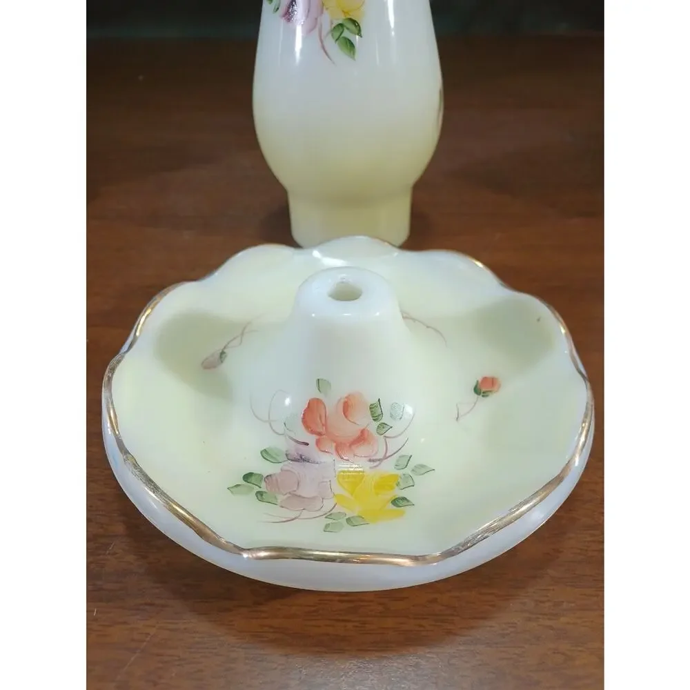 vintage Hand Paint milk glass Floral Pattern hurricane lamp chimney shade /Base